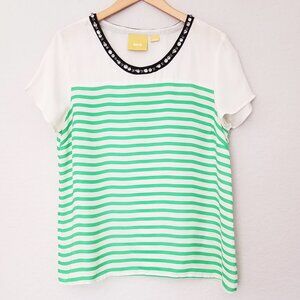 Anthropologie Maeve Striped Jeweled Neck Short Sleeve Blouse Cream Green Size L